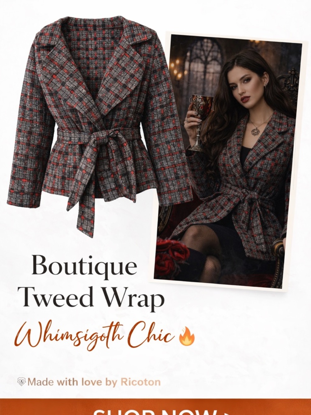 Tweed Lapel TieWaist Jacket Red Black Plaid Blazer Whimsigoth Goth Vampire Wool